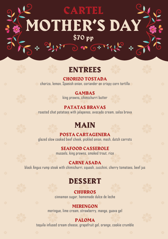 Cartel Mothers Day Menu